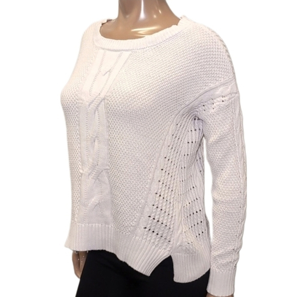 TOMMY HILFIGER Cable Knit Sweater Cotton Slouchy Relaxed Open Knit White Small